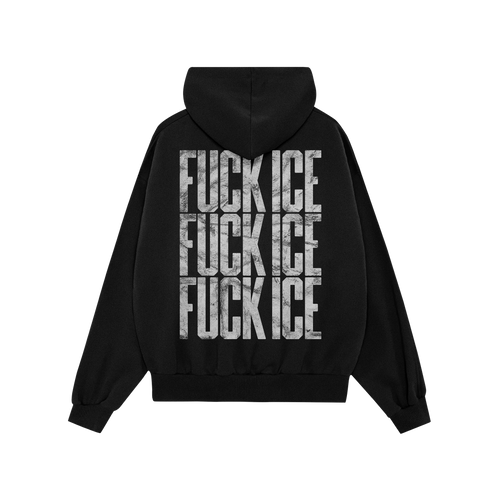 Black Fuck ICE Hoodie featuring the phrase in distressed white letters stacked thrice vertically on the back, embodying defia