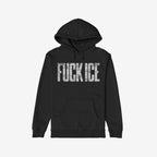 Black pullover hoodie titled Fuck ICE Hoodie with bold, distressed white text FUCK ICE on the front. Ideal for expressing defiance, embodying activism and resilience.