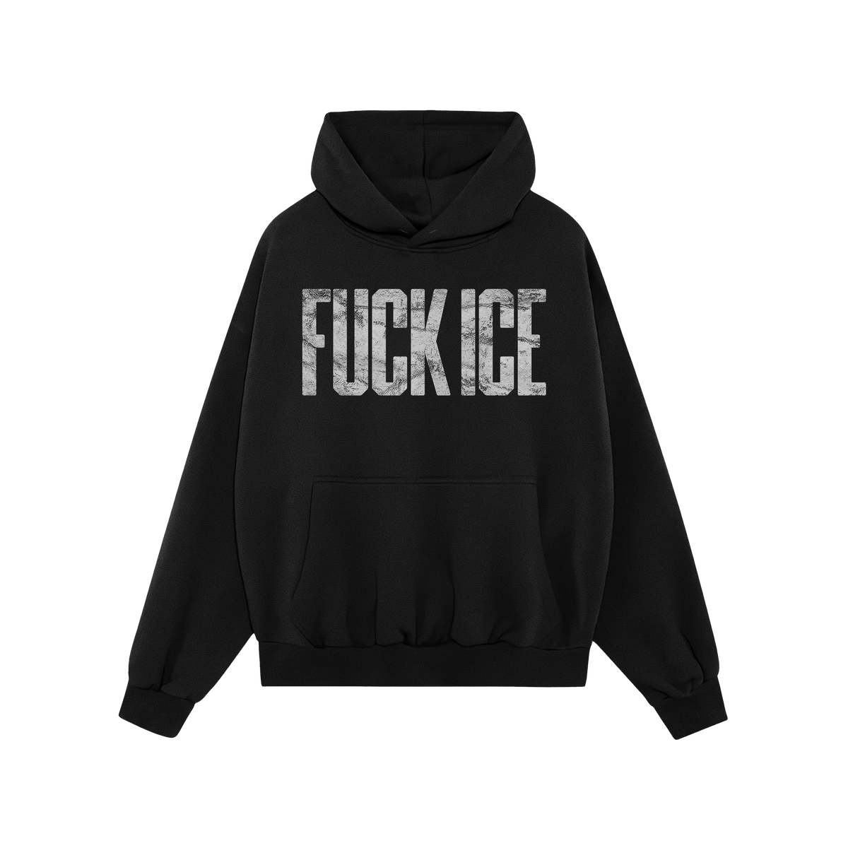 Black pullover hoodie titled Fuck ICE Hoodie with bold, distressed white text FUCK ICE on the front. Ideal for expressing def