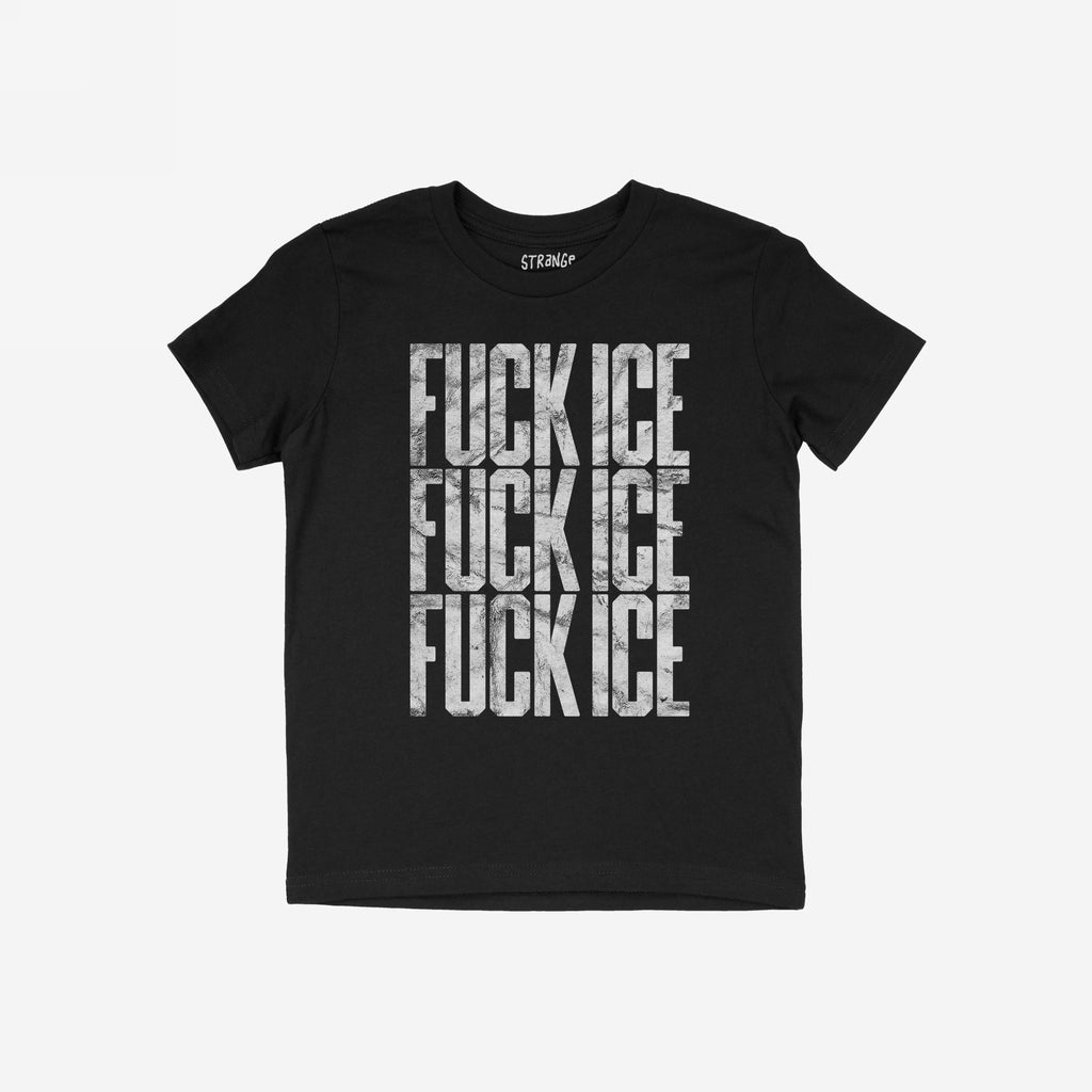 Black short-sleeve Fuck ICE T-shirt featuring bold, distressed white block letters stacked vertically, embodying a powerful message against ICE, aligning with the store's advocacy for equality and justice.