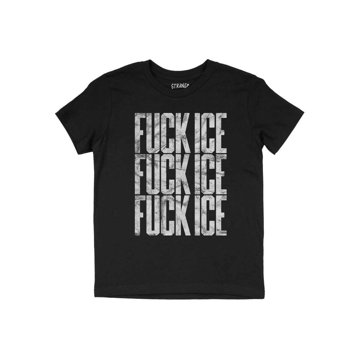 Black short-sleeve Fuck ICE T-shirt featuring bold, distressed white block letters stacked vertically, embodying a powerful m