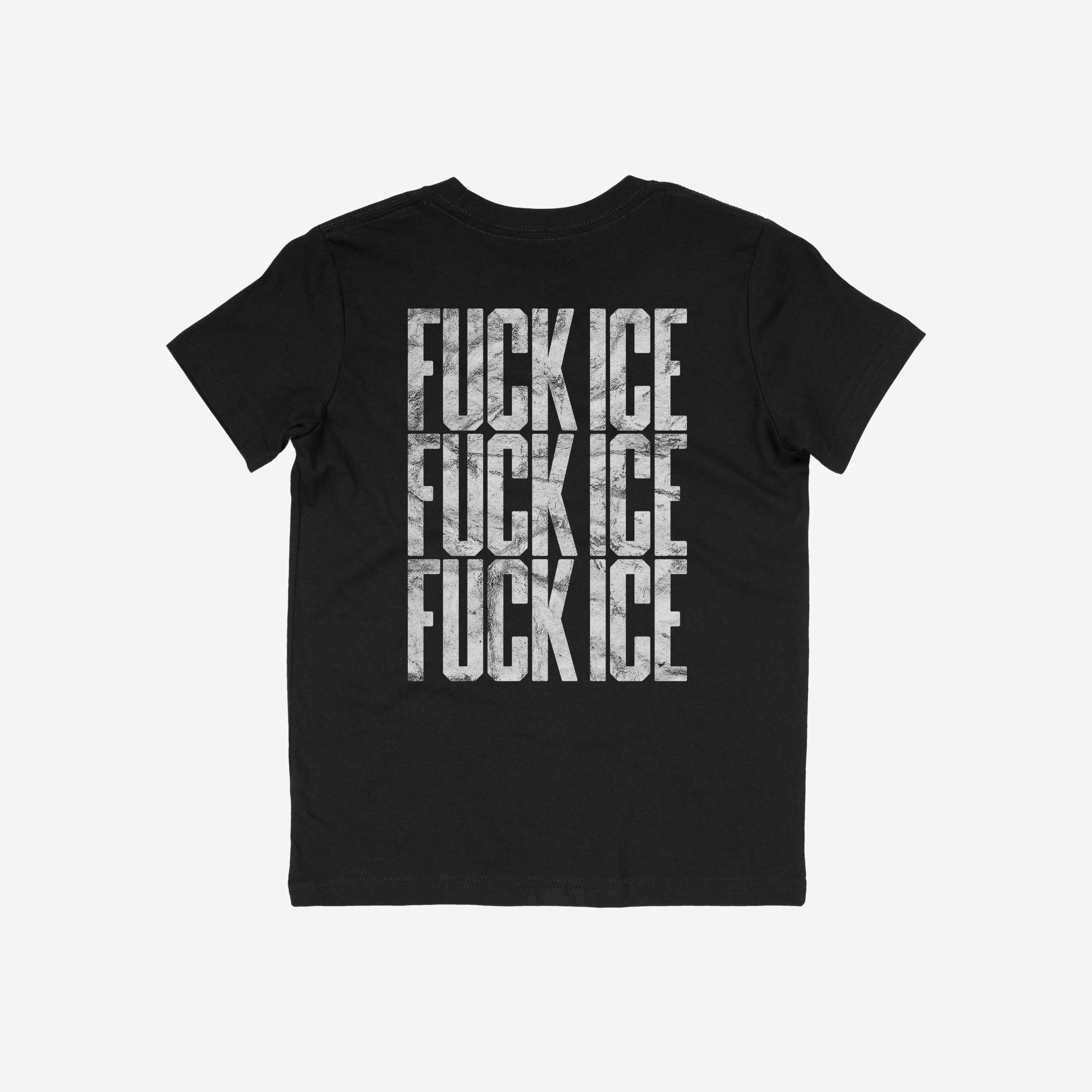 Black Fuck ICE T-shirt viewed from the back, featuring FUCK ICE printed thrice in large, distressed white block letters vertically, embodying a bold, unapologetic statement.