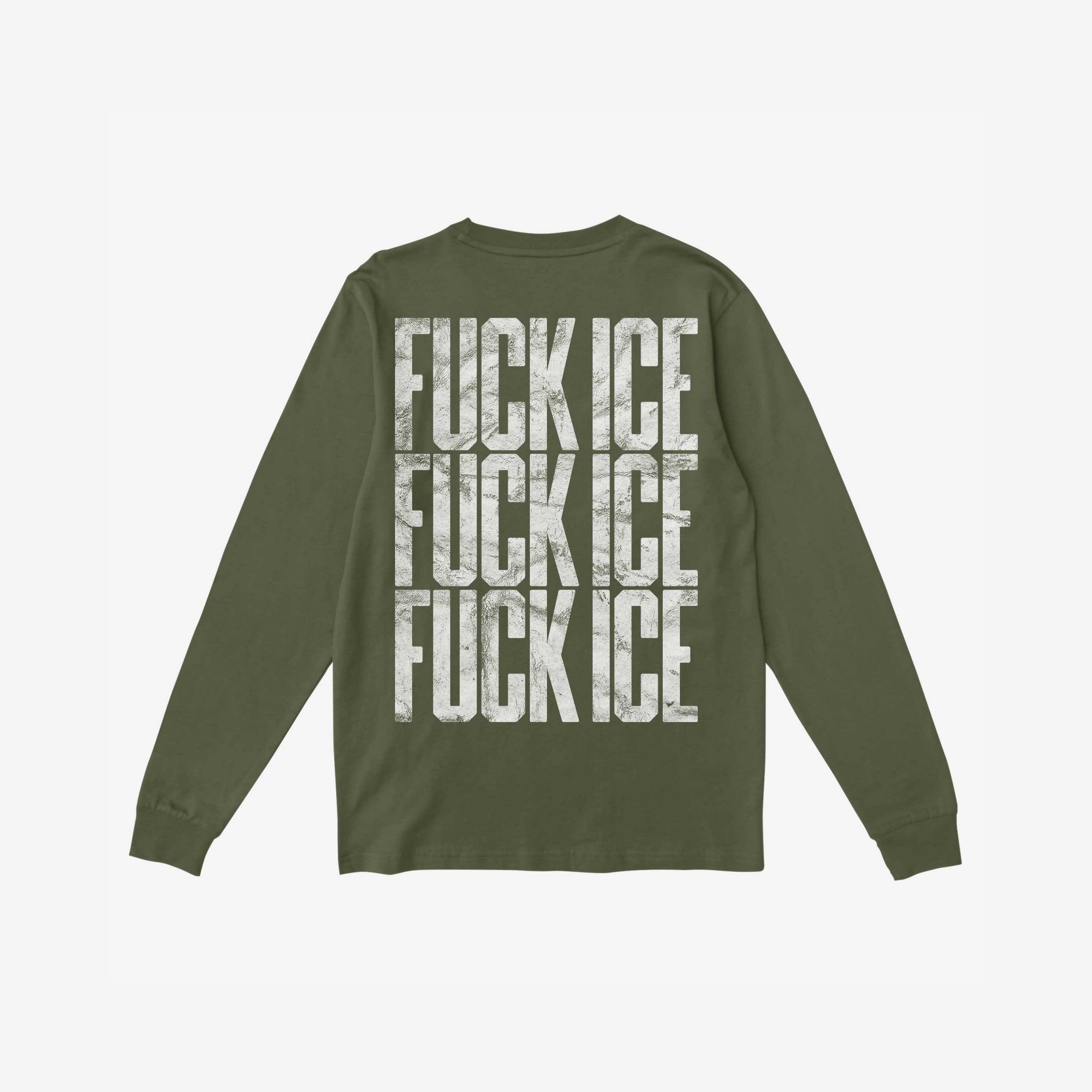 Olive-green Fuck ICE T-shirt, featuring bold, distressed white text repeated thrice down the back, embodying a bold statement against injustice.