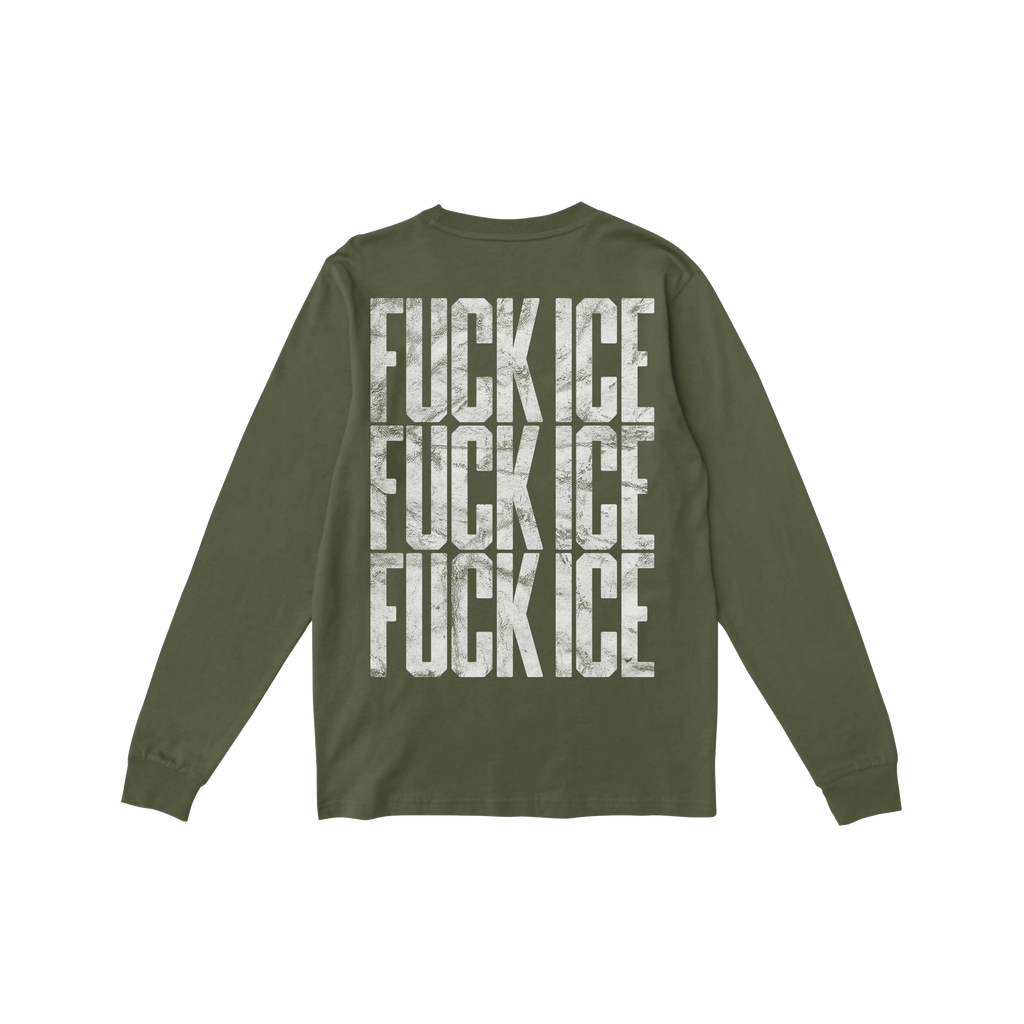 Olive-green Fuck ICE T-shirt, featuring bold, distressed white text repeated thrice down the back, embodying a bold statement