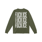 Olive-green Fuck ICE T-shirt, featuring bold, distressed white text repeated thrice down the back, embodying a bold statement