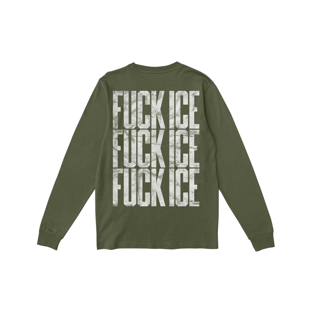 Olive-green Fuck ICE T-shirt, featuring bold, distressed white text repeated thrice down the back, embodying a bold statement