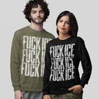 Models wear the FUCK ICE T-shirt, featuring a bold, distressed white print on olive green and black long-sleeves, embodying a powerful message against injustice in a visually striking manner.