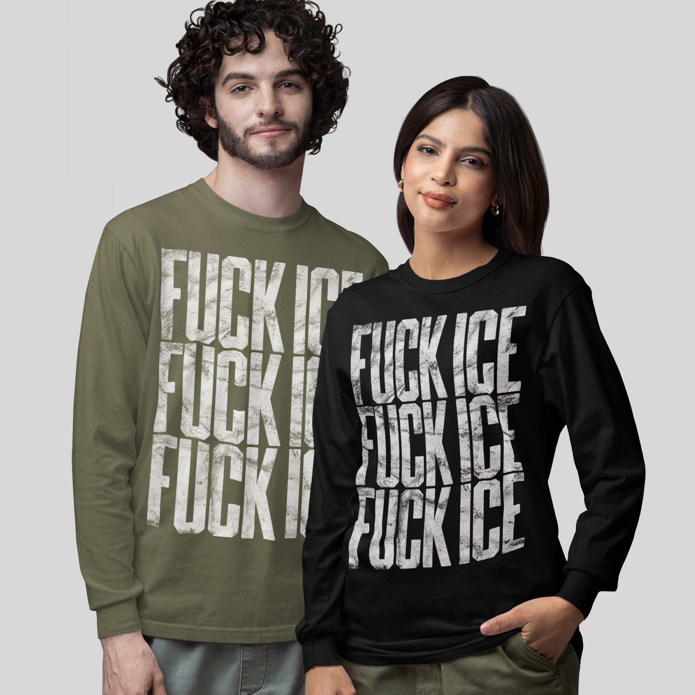 Models wear the FUCK ICE T-shirt, featuring a bold, distressed white print on olive green and black long-sleeves, embodying a powerful message against injustice in a visually striking manner.