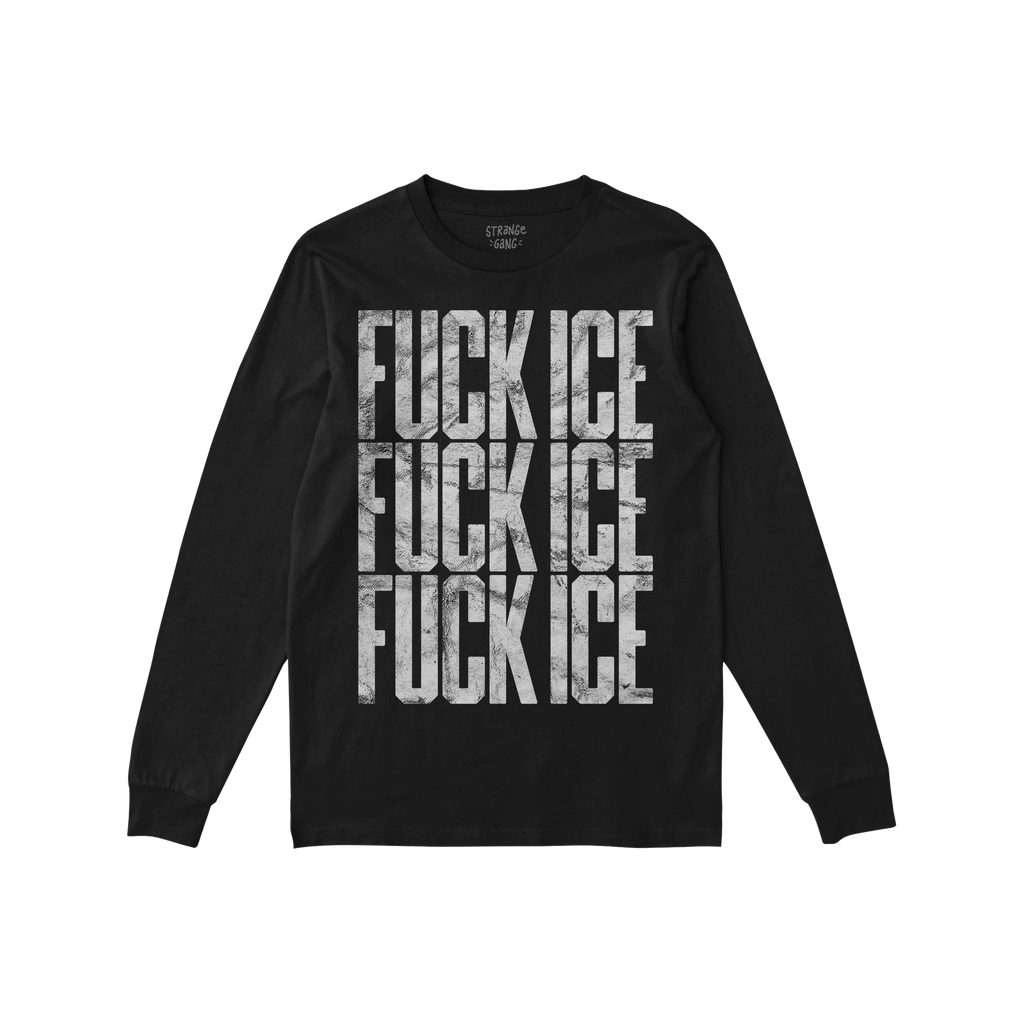 Black long-sleeve FUCK ICE T-shirt with distressed, stencil-style lettering repeated thrice, reflecting bold activism. Ideal 