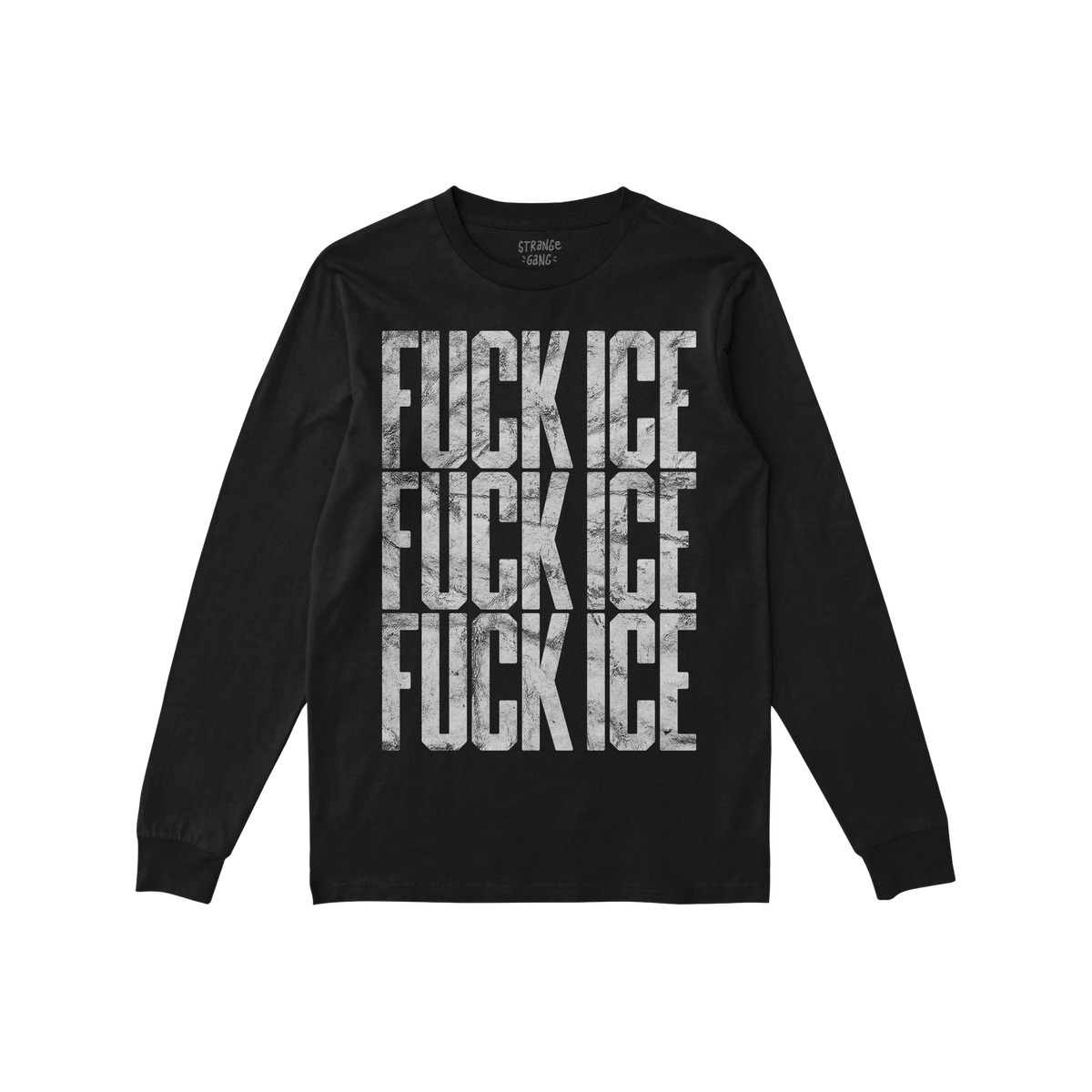 Black long-sleeve FUCK ICE T-shirt with distressed, stencil-style lettering repeated thrice, reflecting bold activism. Ideal 