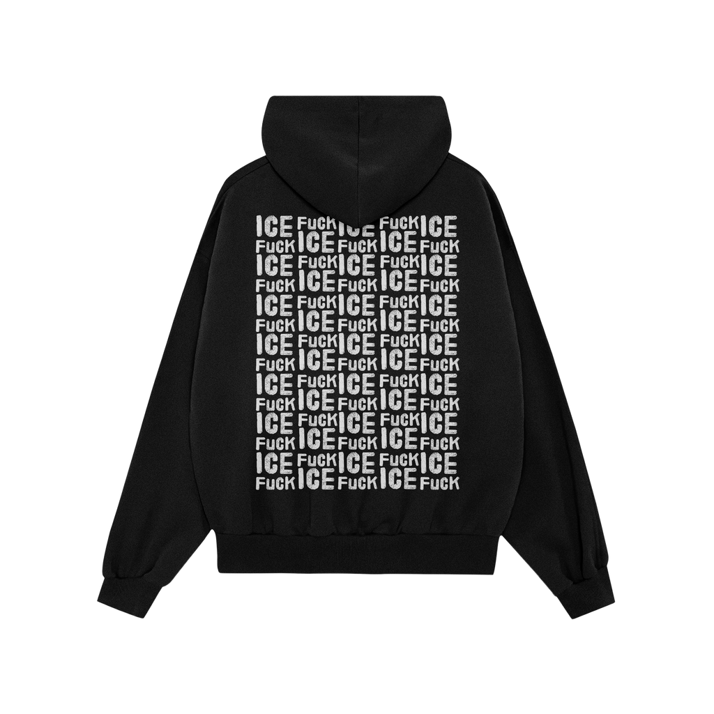 Back view of the Fuck ICE Pattern Hoodie, featuring a bold, white Fuck ICE grid print. This political statement piece support