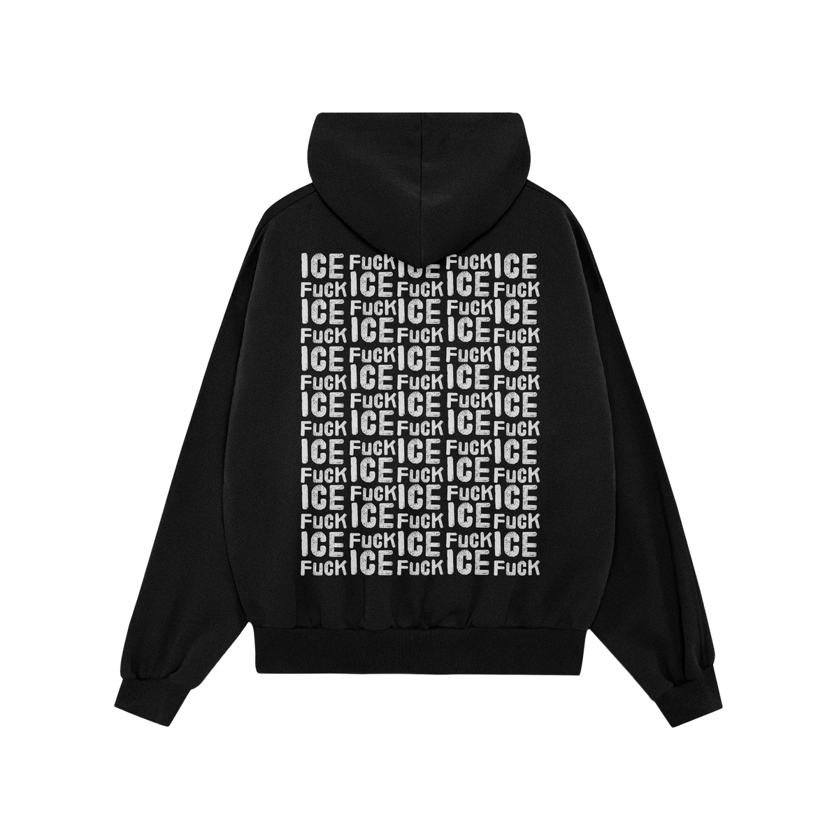 Back view of the Fuck ICE Pattern Hoodie, featuring a bold, white Fuck ICE grid print. This political statement piece support