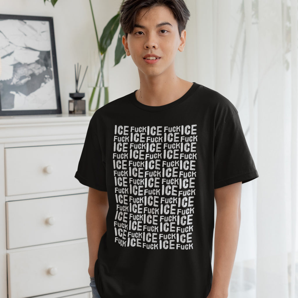 Young person indoors wearing a Fuck ICE Pattern T-shirt, featuring a bold, repeating slogan advocating against ICE, aligning with themes of equality and anti-fascism. Ideal for political visibility.