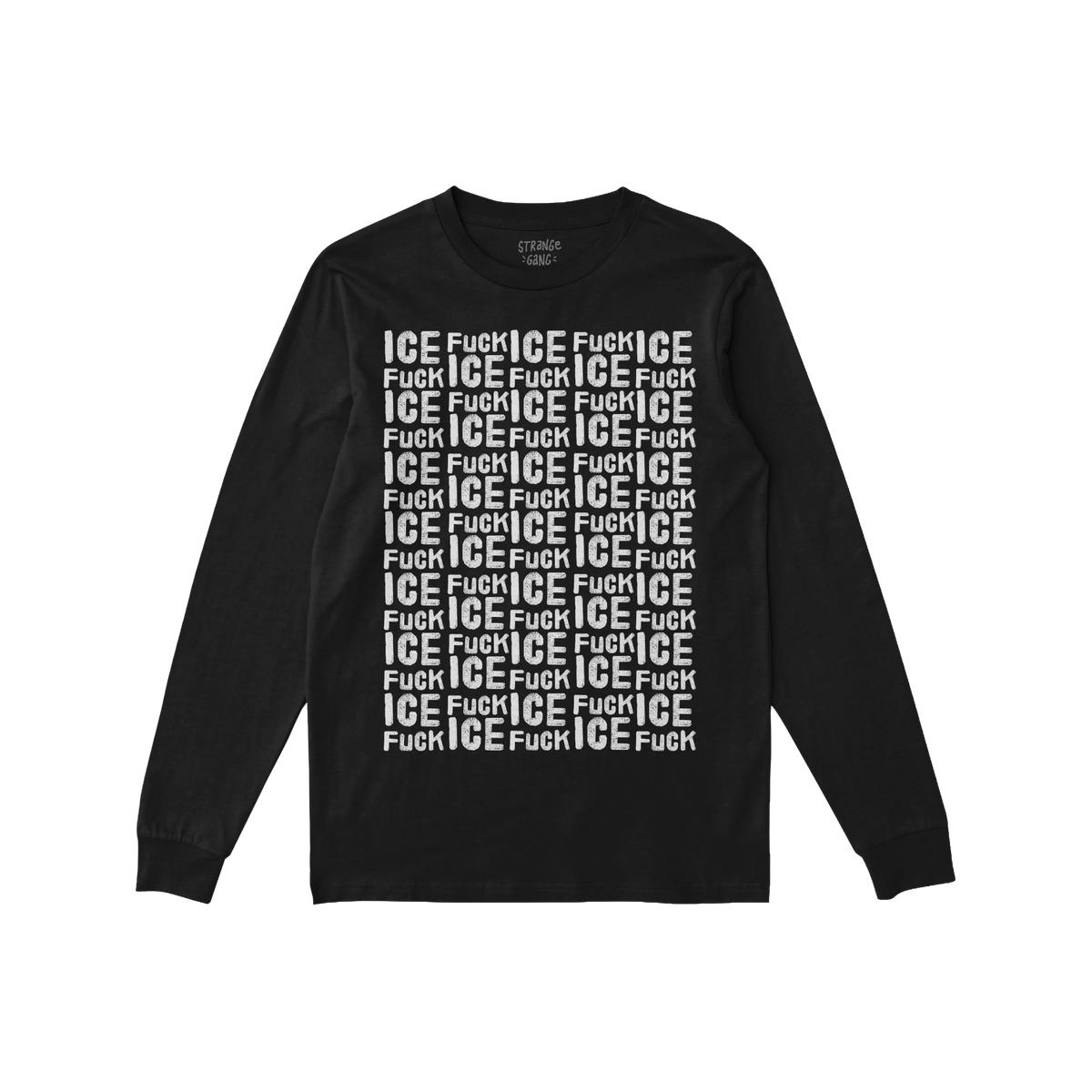Black long-sleeve Fuck ICE Pattern T-shirt with bold “Fuck ICE” grid design, advocating immigrant rights and anti-fascism