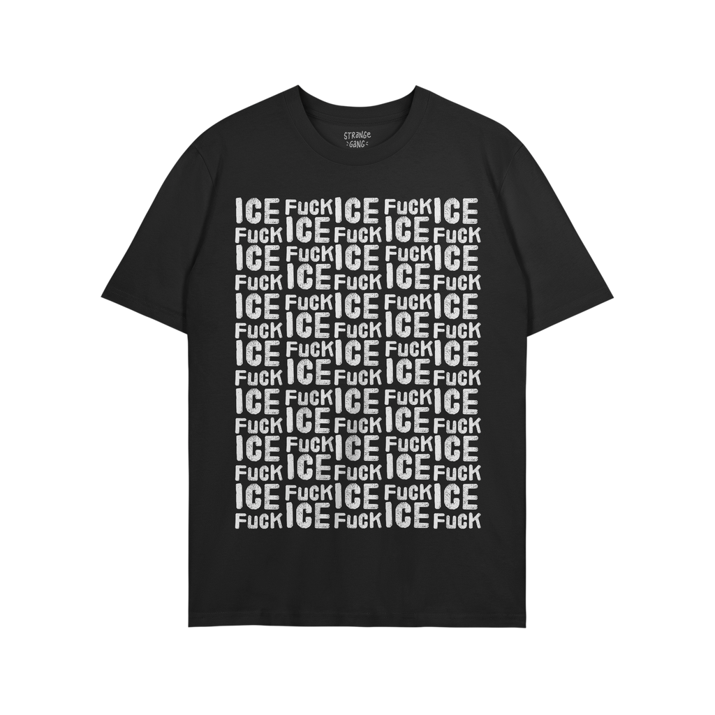 Black crew-neck Fuck ICE Pattern T-shirt featuring a bold, repeating ICE and FUCK text design. The anti-fascist protest shirt