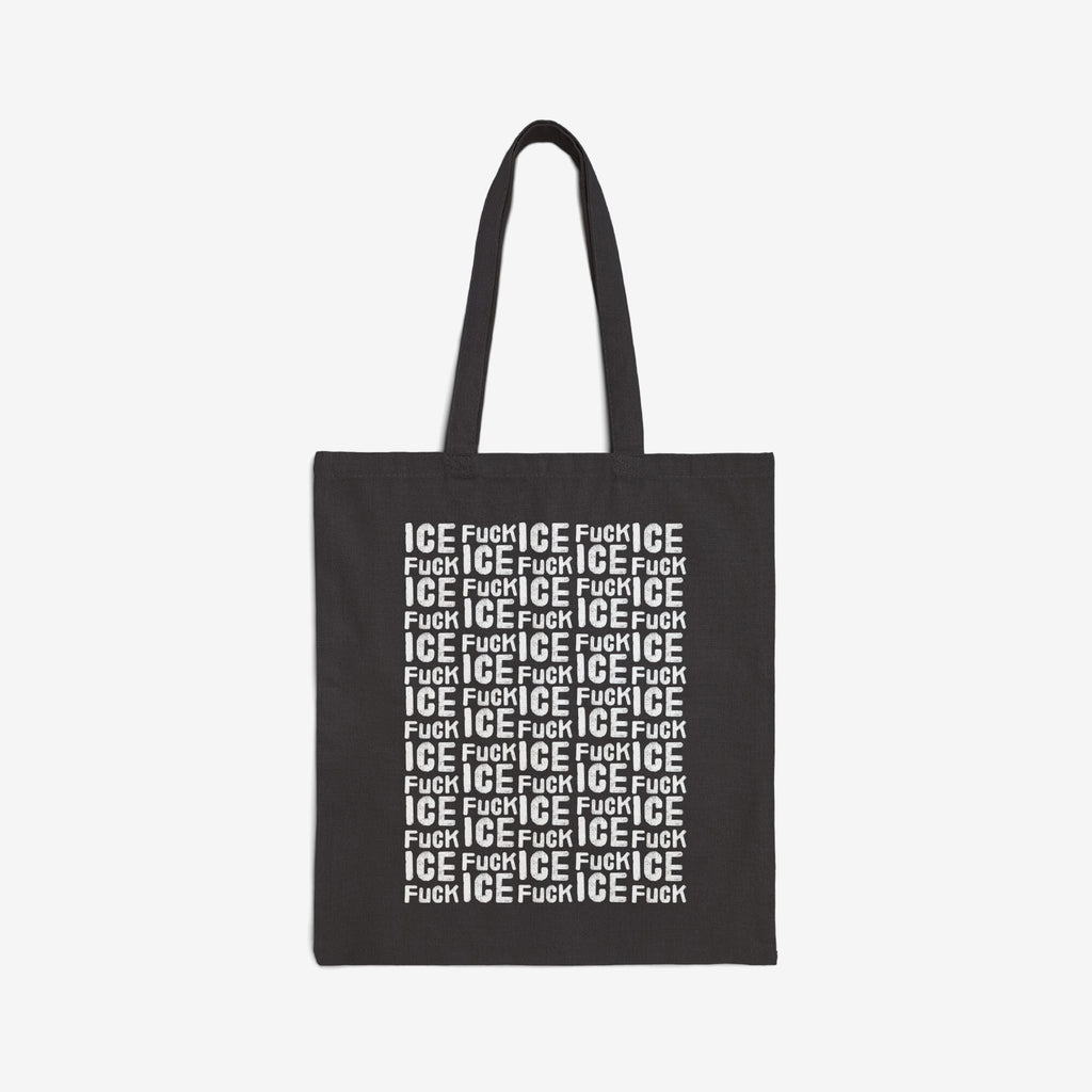 Fuck ICE Pattern Tote Bag featuring a bold, white text grid Fuck ICE on black canvas, with shoulder-length handles. Ideal for activists, it combines functionality with a powerful anti-ICE message.