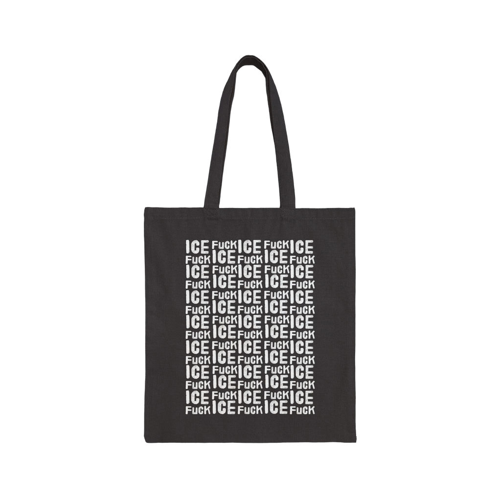 Fuck ICE Pattern Tote Bag featuring a bold, white text grid Fuck ICE on black canvas, with shoulder-length handles. Ideal for