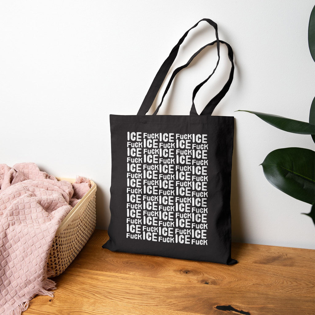 The Fuck ICE Pattern Tote Bag features a bold FUCK ICE design in white block letters, printed on black canvas, embodying protest and advocacy against ICE.