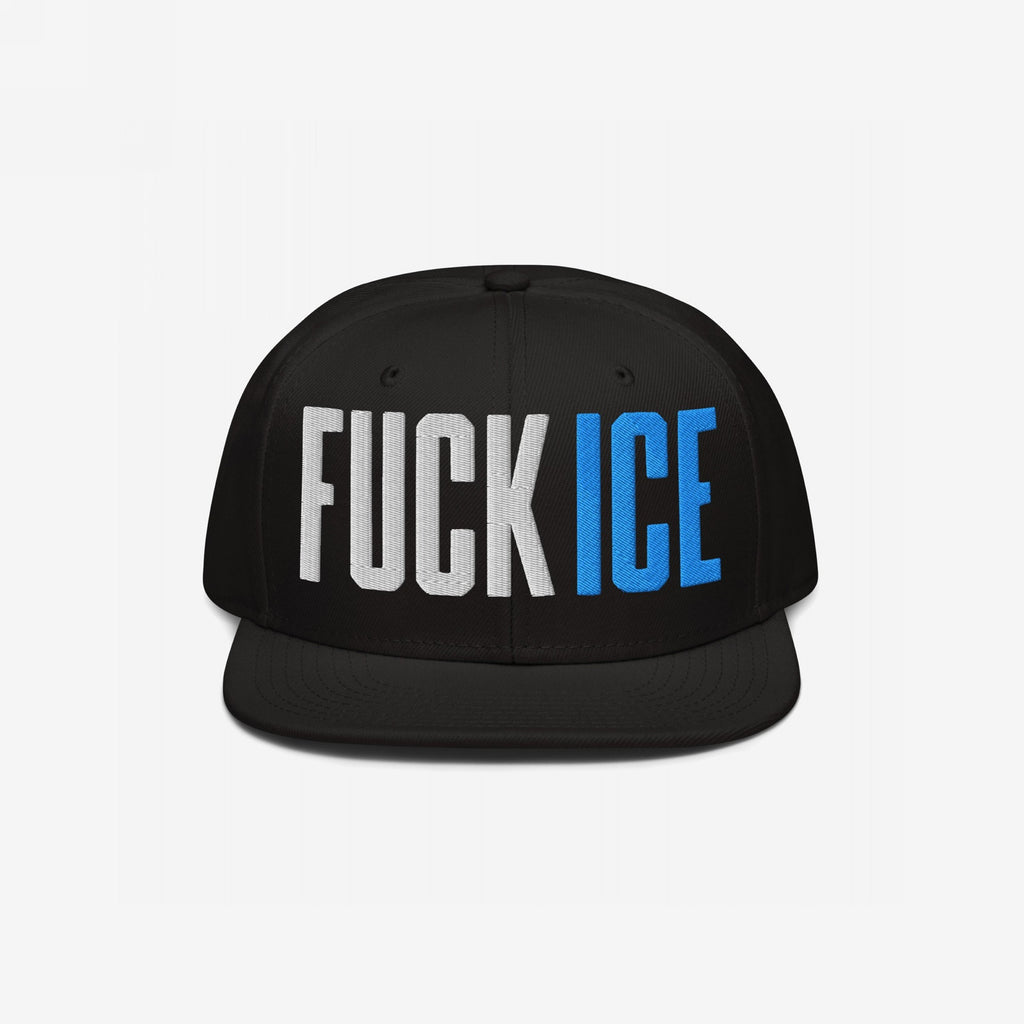 Black snapback cap with FUCK ICE in bold 3D puff embroidery; FUCK is white, ICE is bright blue. A statement piece reflecting strong values, available in various hat styles.