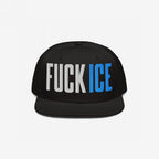 Black snapback cap with FUCK ICE in bold 3D puff embroidery; FUCK is white, ICE is bright blue. A statement piece reflecting strong values, available in various hat styles.