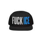Black snapback cap with FUCK ICE in bold 3D puff embroidery; FUCK is white, ICE is bright blue. A statement piece reflecting 