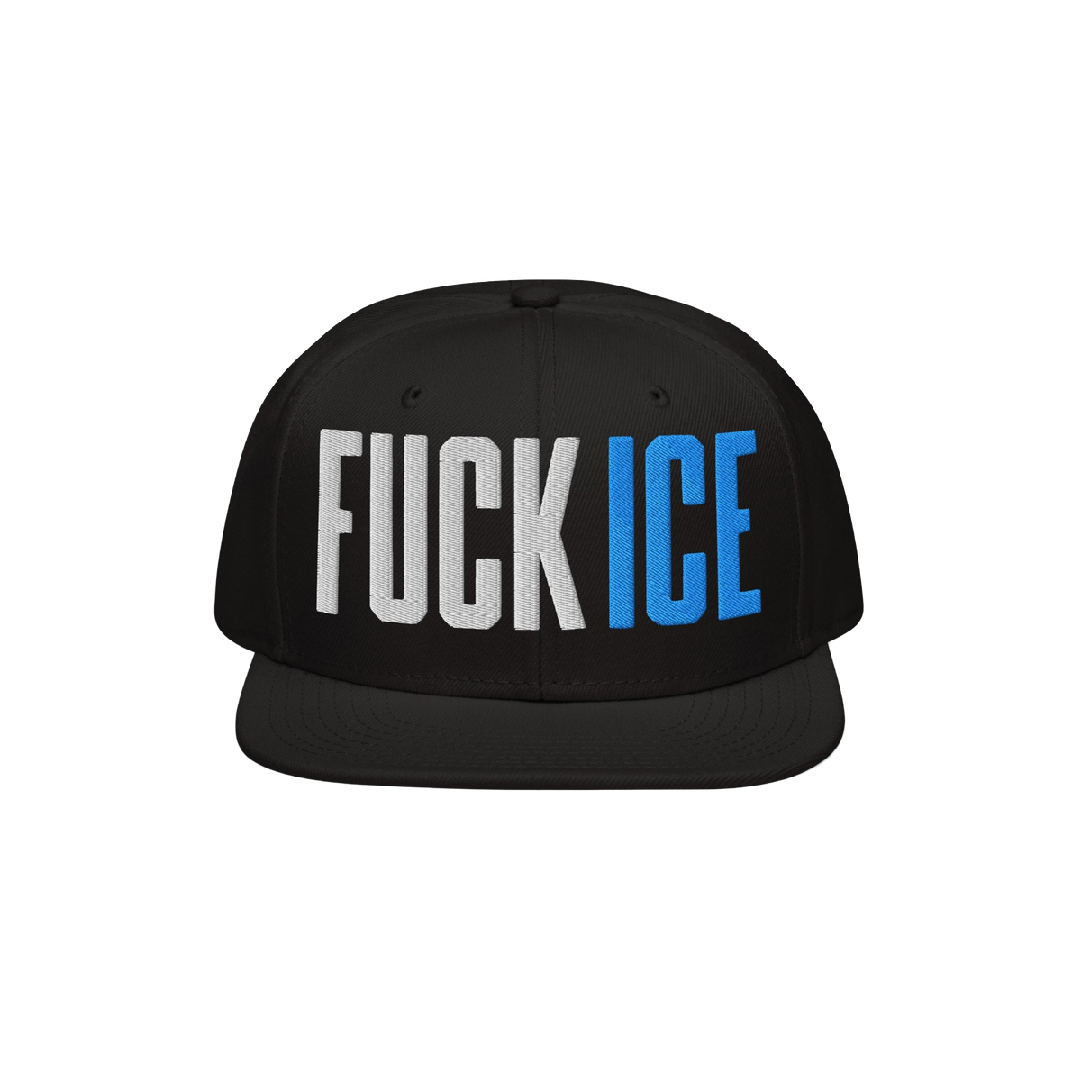 Black snapback cap with FUCK ICE in bold 3D puff embroidery; FUCK is white, ICE is bright blue. A statement piece reflecting 