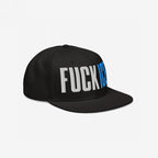 Black snapback hat with bold 3D puff embroidery, reading FUCK in white and ICE in blue, reflecting a strong stance and aligning with the ethos of standing against injustice.