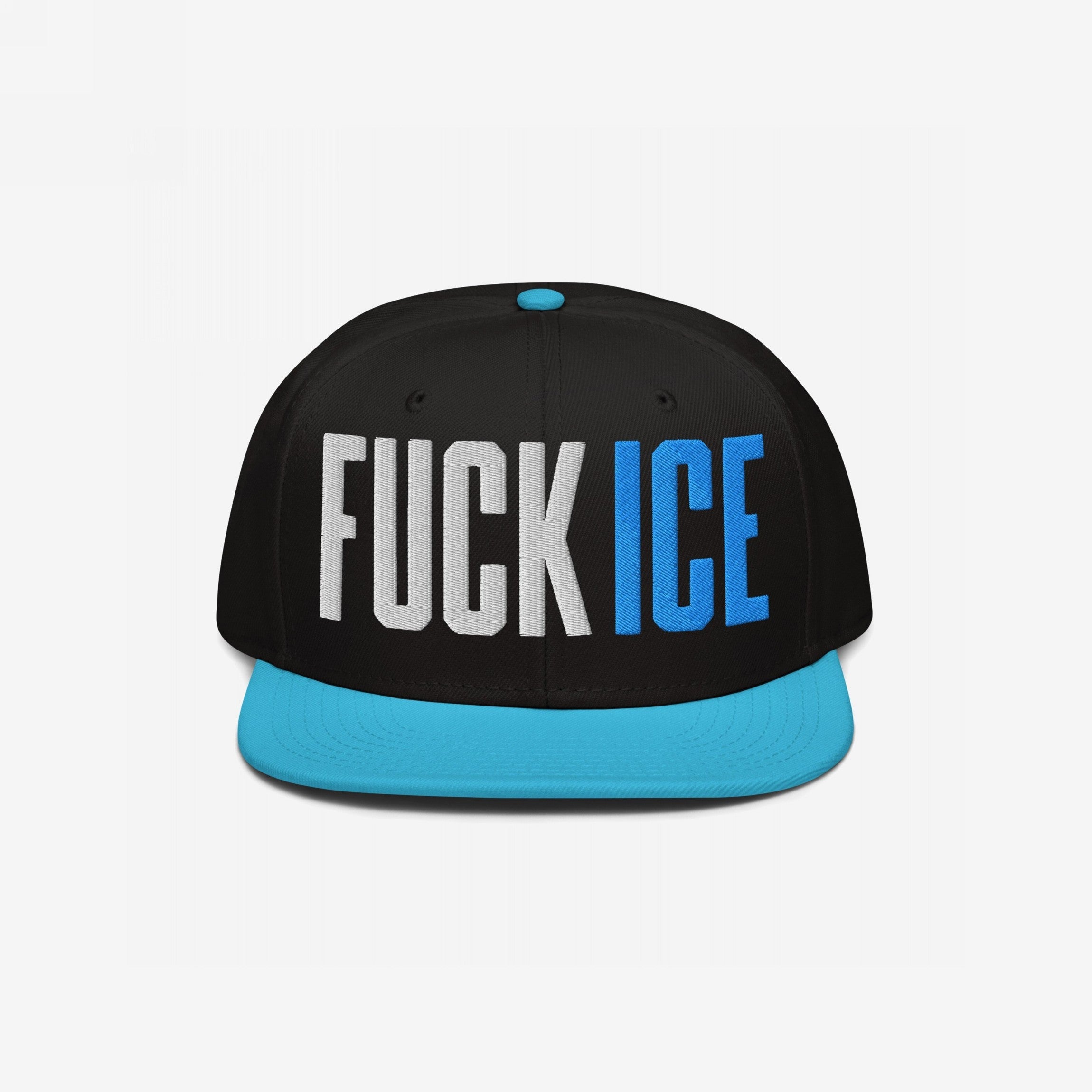 Black and bright-blue flat-brim baseball cap with “FUCK ICE” in bold 3D embroidery. A statement piece for those advocating against injustice, embodying bold activism and social awareness.