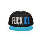 Black and bright-blue flat-brim baseball cap with “FUCK ICE” in bold 3D embroidery. A statement piece for those advocatin