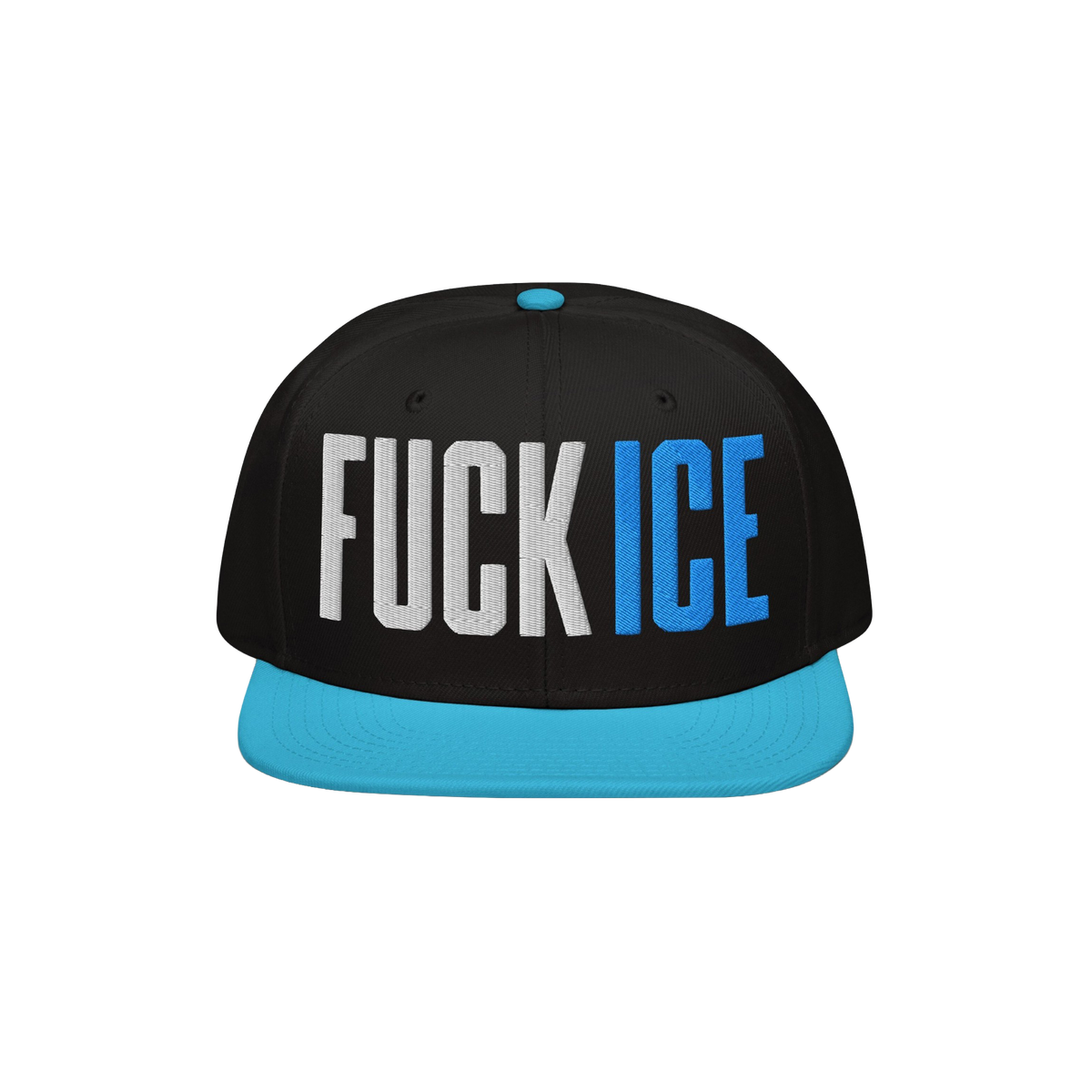 Black and bright-blue flat-brim baseball cap with “FUCK ICE” in bold 3D embroidery. A statement piece for those advocatin