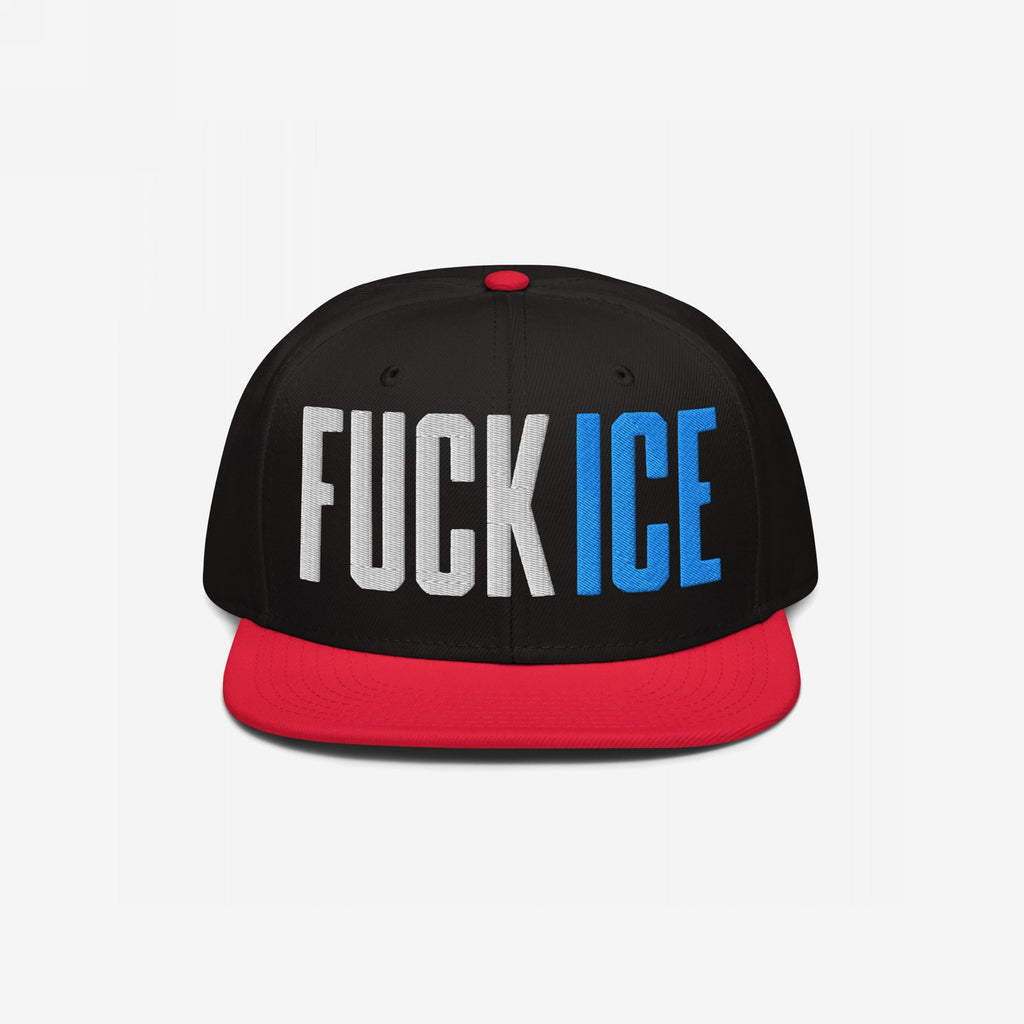 Snap-back baseball cap with a black crown and a red visor, featuring bold FUCK ICE in 3D puff embroidery, symbolizing defiance and activism.