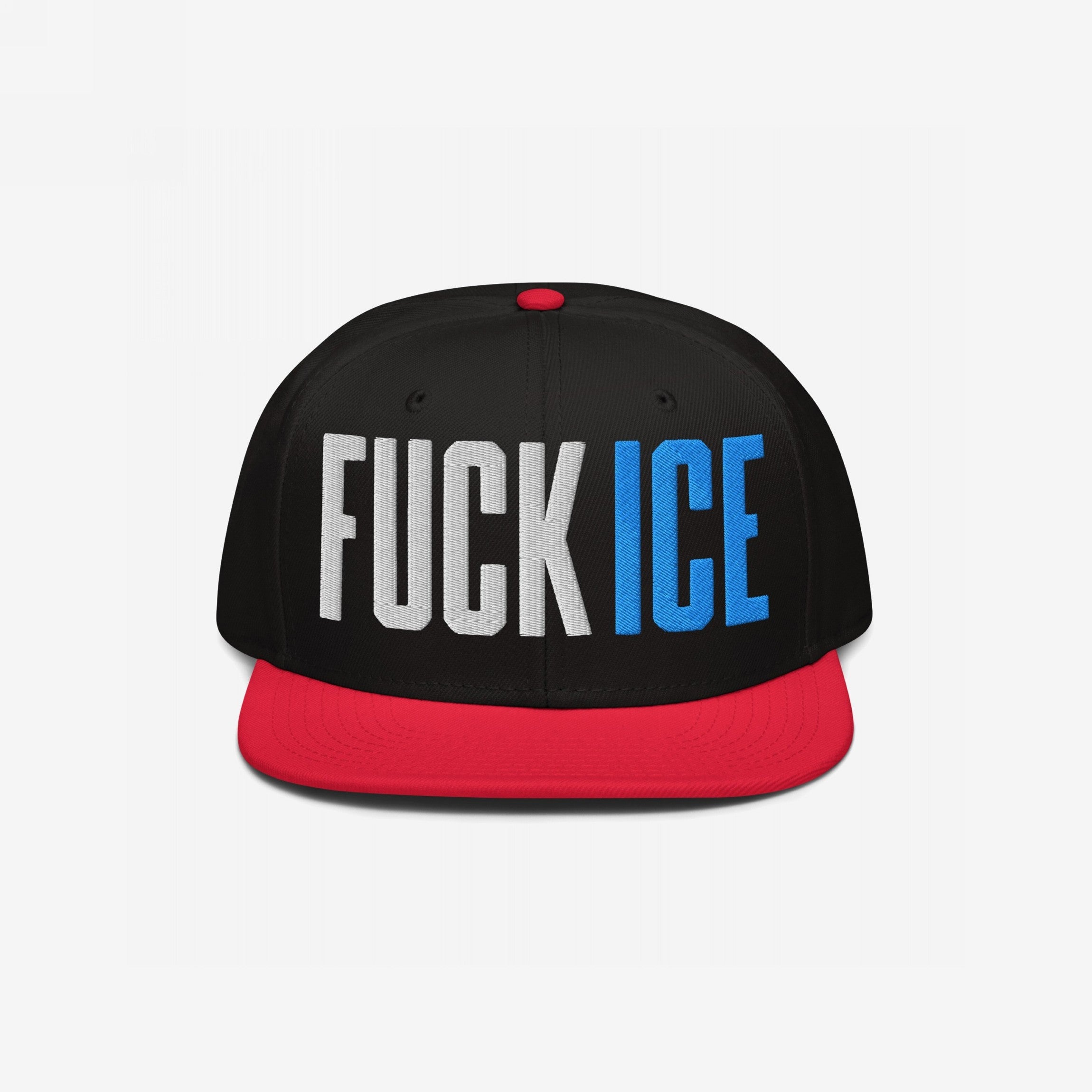 Snap-back baseball cap with a black crown and a red visor, featuring bold FUCK ICE in 3D puff embroidery, symbolizing defiance and activism.