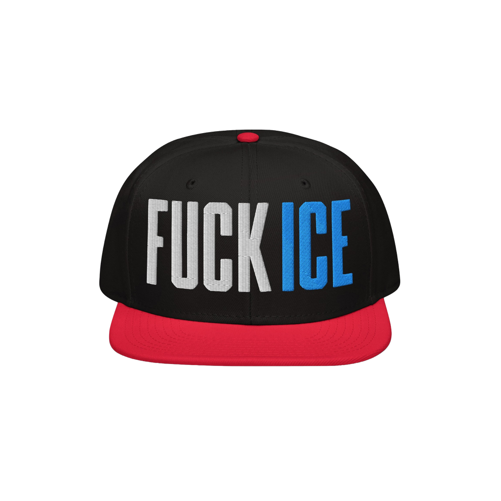 Snap-back baseball cap with a black crown and a red visor, featuring bold FUCK ICE in 3D puff embroidery, symbolizing defianc