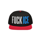 Snap-back baseball cap with a black crown and a red visor, featuring bold FUCK ICE in 3D puff embroidery, symbolizing defianc