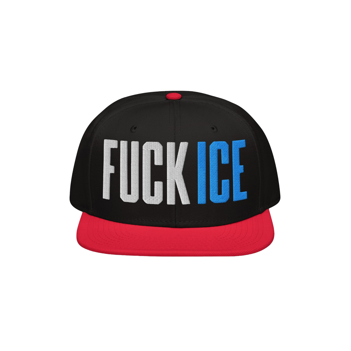 Snap-back baseball cap with a black crown and a red visor, featuring bold FUCK ICE in 3D puff embroidery, symbolizing defianc