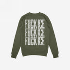 The back of the Fuck ICE Sweatshirt features bold, distressed white lettering stacked three times, creating a striking visual statement against injustice and aligning with the store's ethos of activism.
