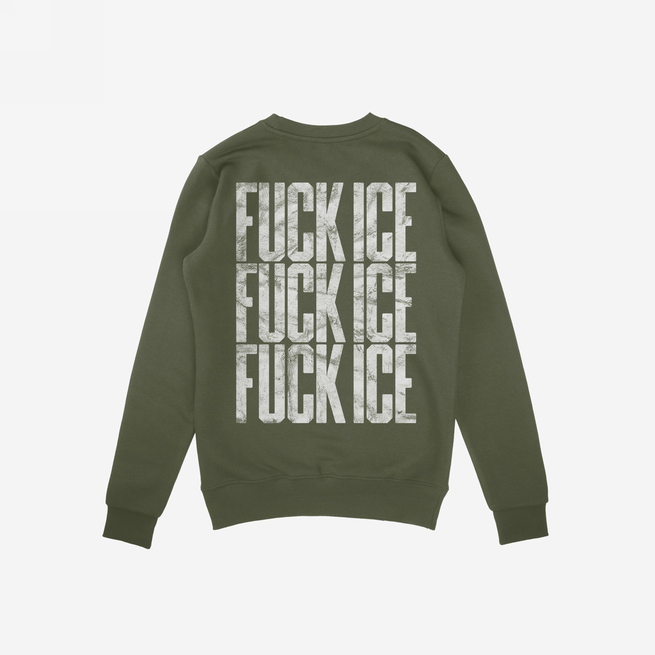 The back of the Fuck ICE Sweatshirt features bold, distressed white lettering stacked three times, creating a striking visual statement against injustice and aligning with the store's ethos of activism.