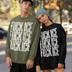 Two models showcase the Fuck ICE Sweatshirt, featuring bold, distressed block letters. One wears olive green, the other black, standing in an urban setting.