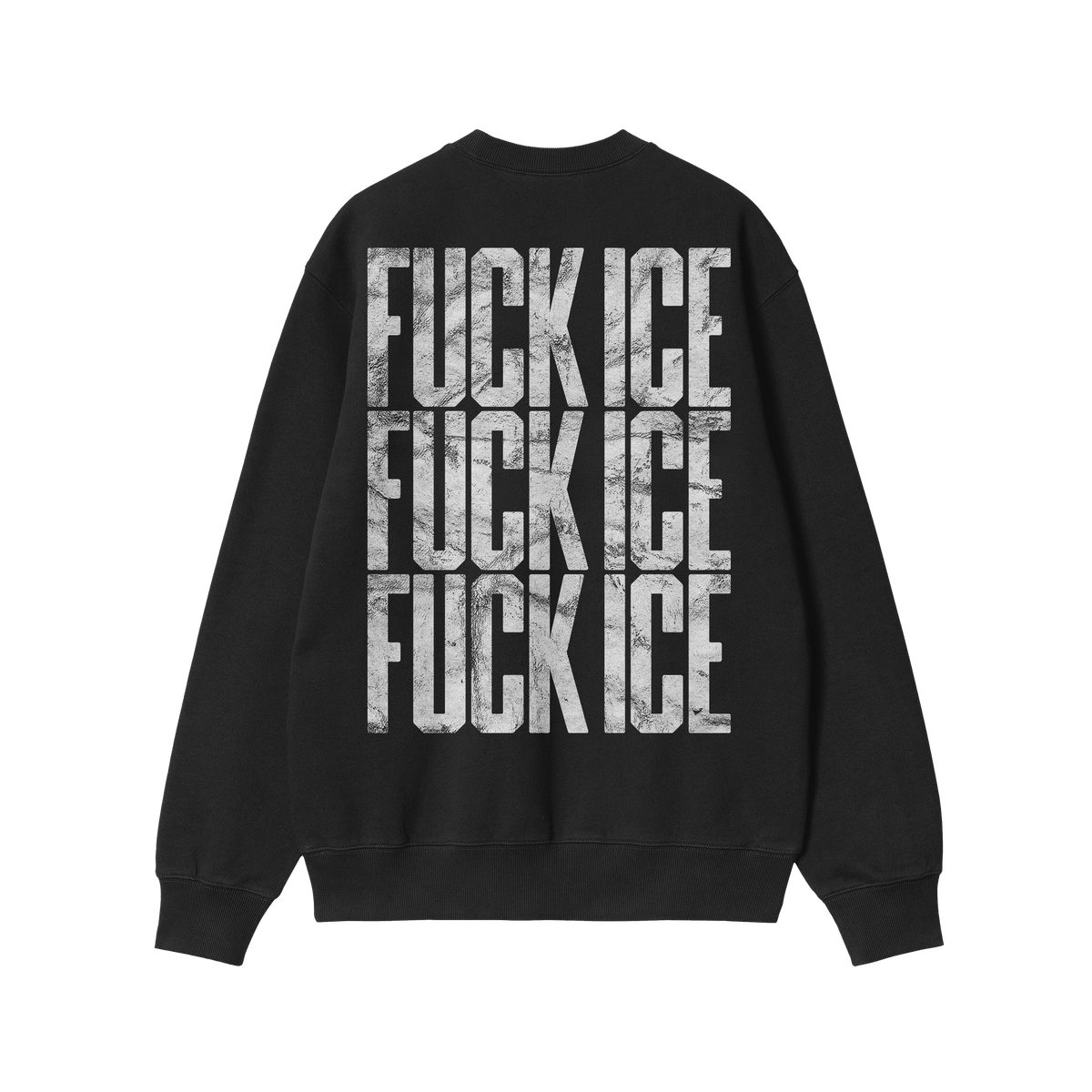 Black FUCK ICE Sweatshirt showcases bold, distressed text down the back, embodying a loud, activist stance. Ideal for making 