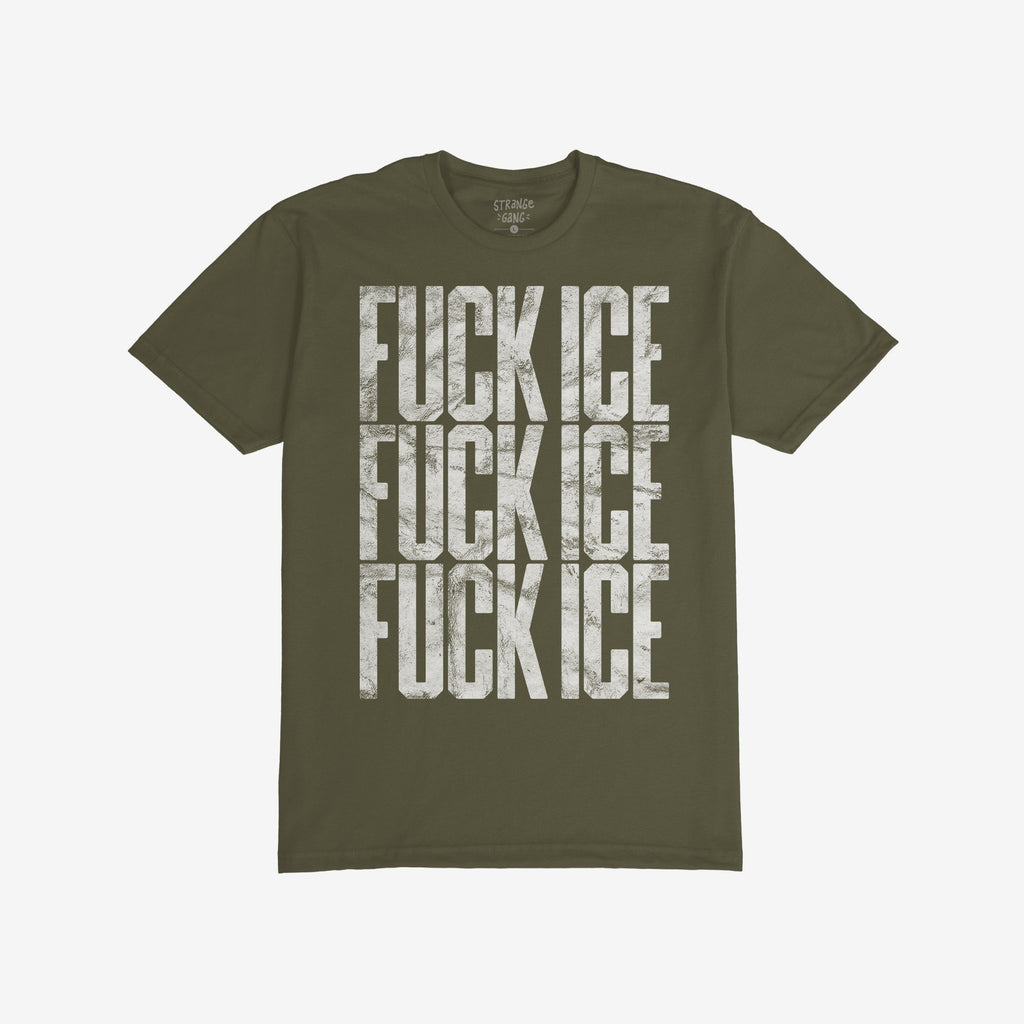 Olive-green Fuck ICE T-shirt features a bold, distressed FUCK ICE print repeated thrice, embodying a powerful statement against oppression. Ideal for those who champion equality and justice.