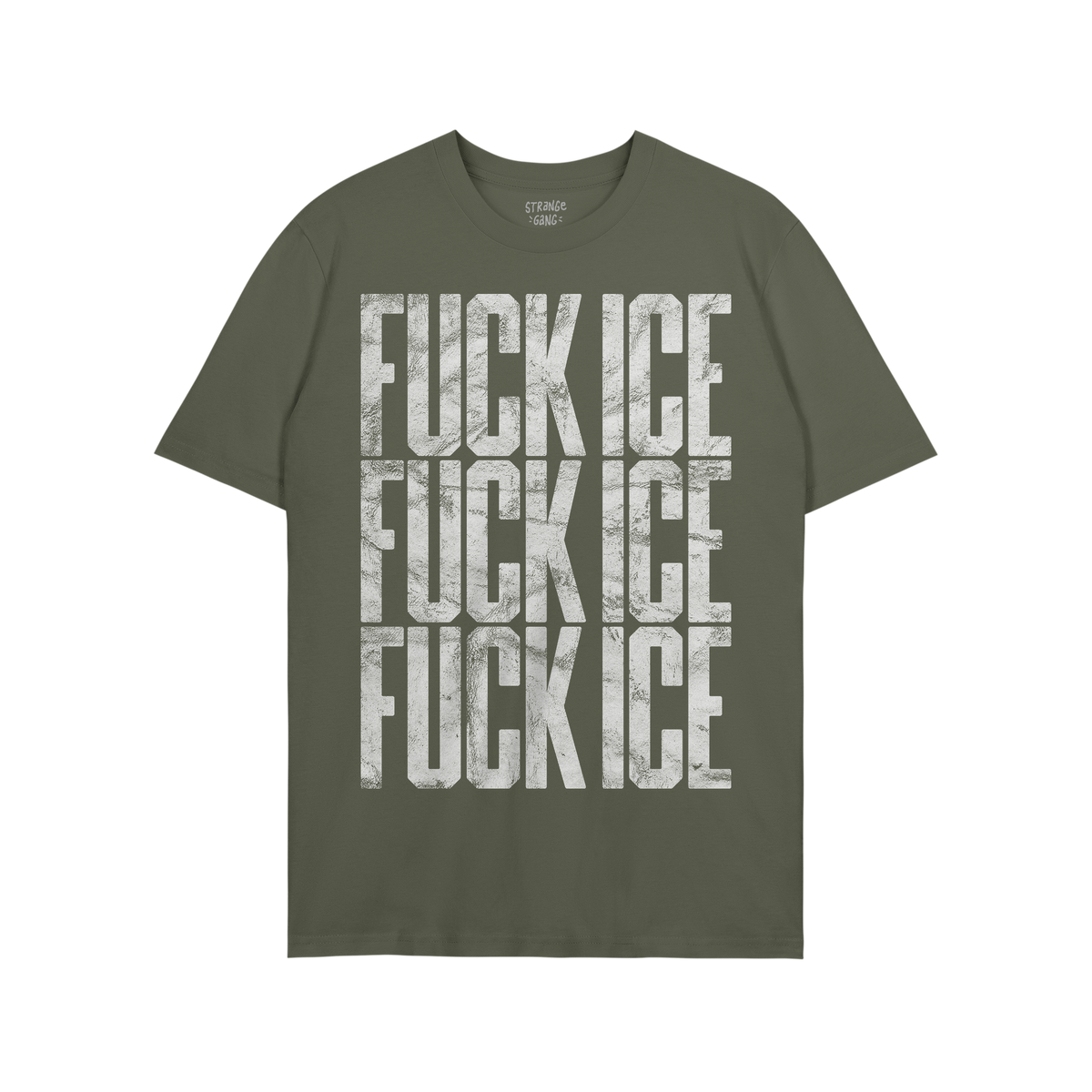 Olive-green Fuck ICE T-shirt features a bold, distressed FUCK ICE print repeated thrice, embodying a powerful statement again