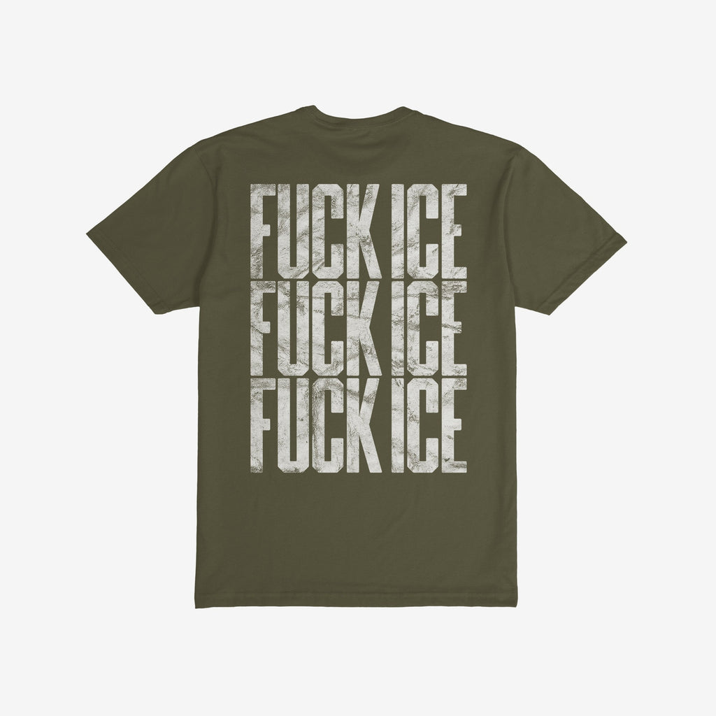 Back view of the Fuck ICE T-shirt featuring a bold, stenciled FUCK ICE design repeated three times in distressed white lettering, embodying a strong, unapologetic message.