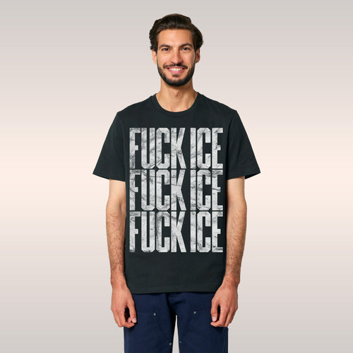 Two people in an urban plaza wear oversized FUCK ICE T-shirts, one olive-green, one black, each with distressed lettering, em