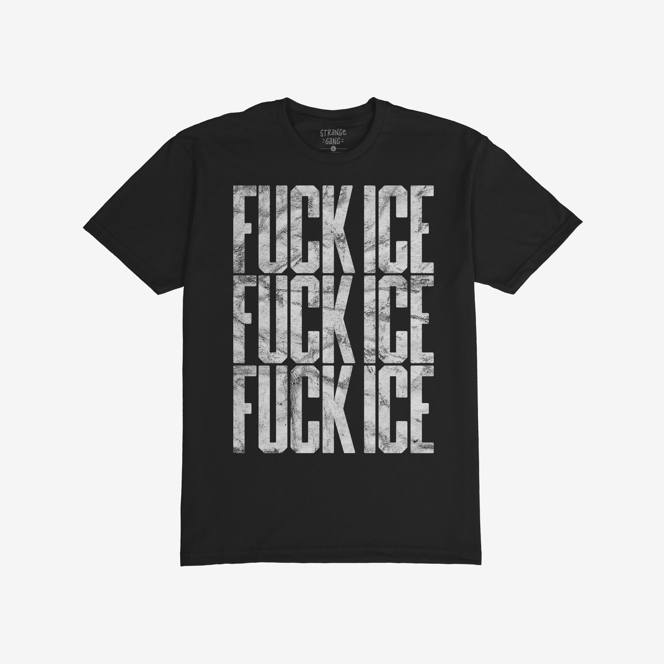 Black Fuck ICE T-shirt featuring bold, distressed white text, repeating the phrase thrice on the front. Ideal for making a statement, capturing the spirit of advocacy and resistance.