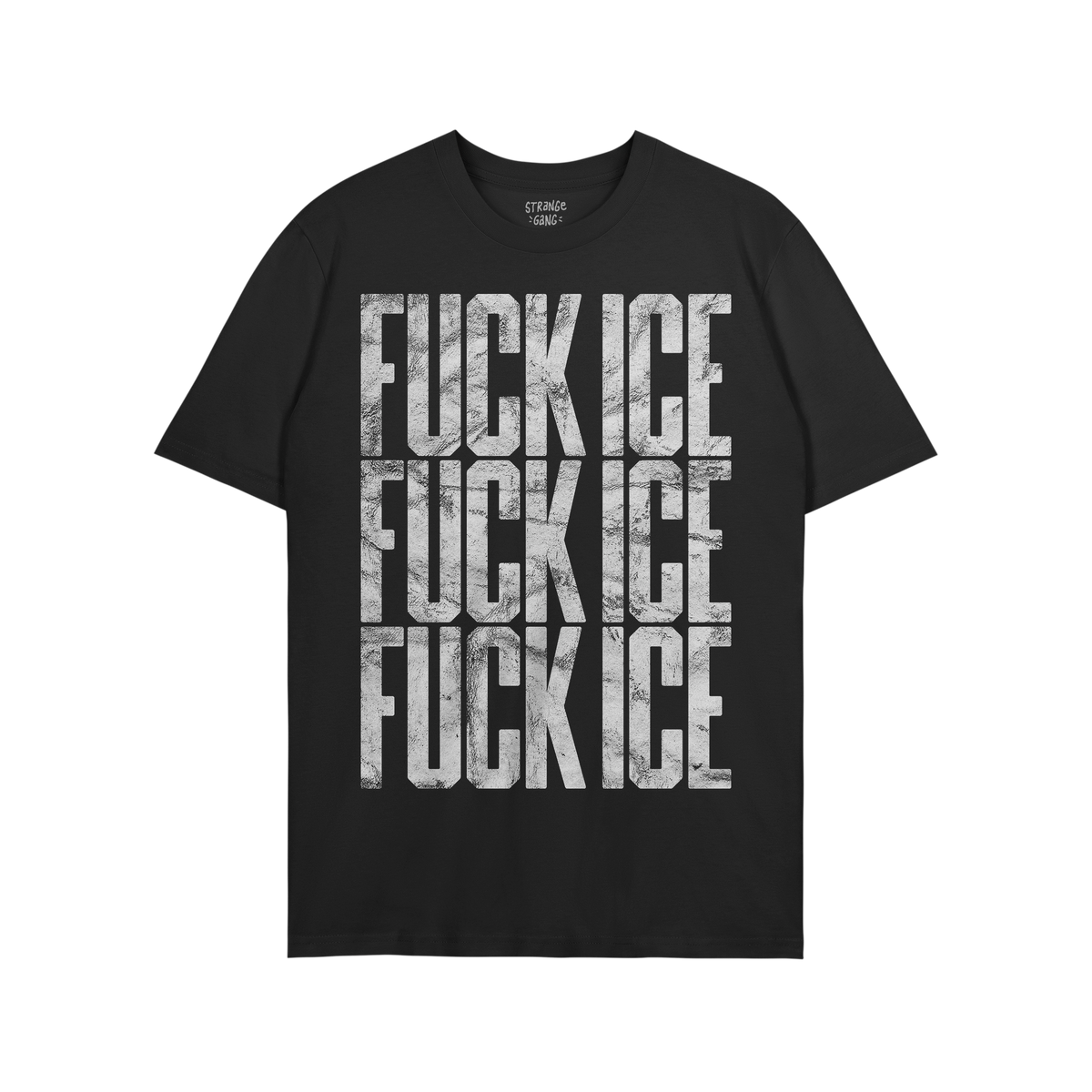 Black Fuck ICE T-shirt featuring bold, distressed white text, repeating the phrase thrice on the front. Ideal for making a st
