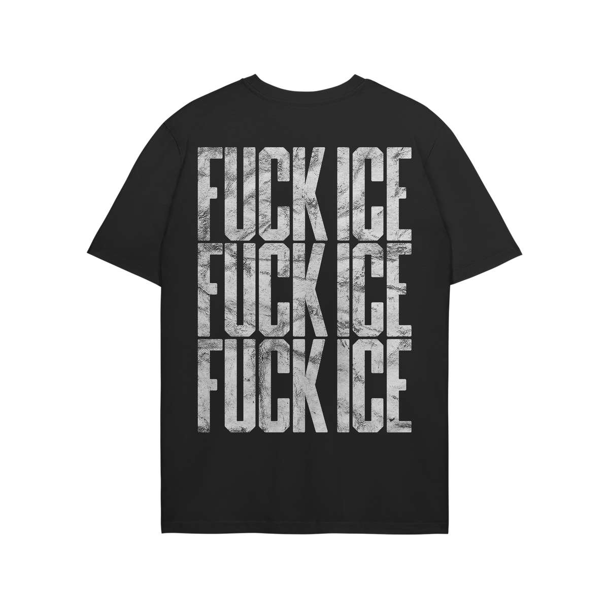 Black Fuck ICE T-shirt featuring a bold, distressed design with the phrase FUCK ICE repeated three times on the back, embodyi