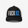 Trucker-style Fuck ICE hat with bold 3D puff embroidery on the front, featuring a black front panel and white mesh back, embodying a bold stance against injustice.