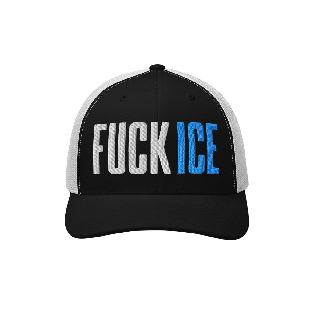 Trucker-style Fuck ICE hat with bold 3D puff embroidery on the front, featuring a black front panel and white mesh back, embo