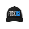 Trucker-style Fuck ICE hat with bold 3D puff embroidery on the front, featuring a black front panel and white mesh back, embo