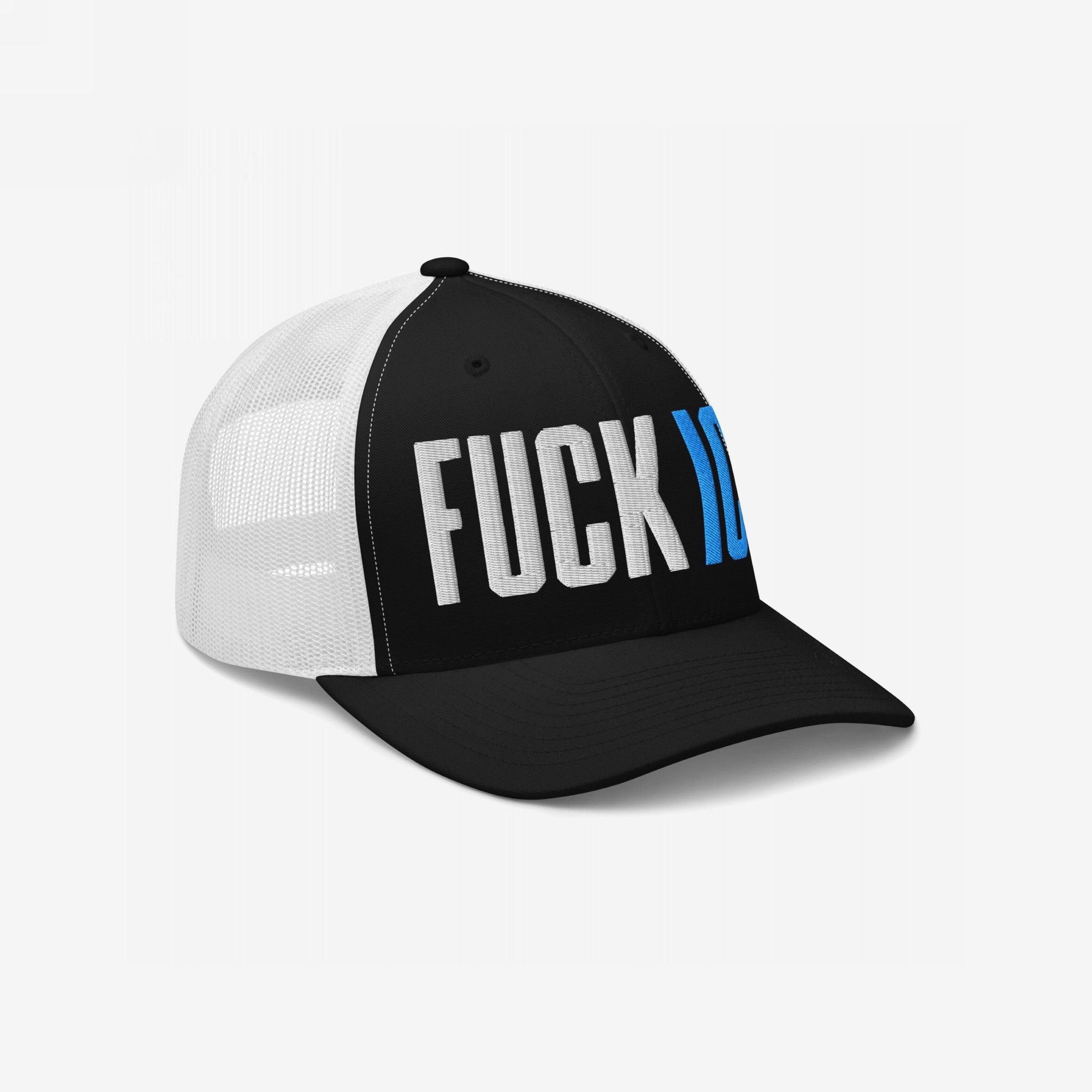 Black-and-white mesh trucker cap with FUCK ICE in bold 3D embroidery on the front panel, embodying defiance and activism. Ideal for making a statement in everyday or protest settings.